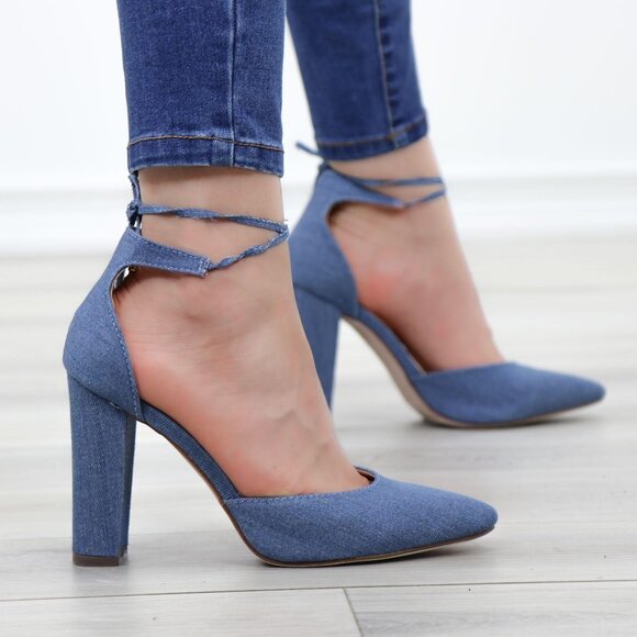 Denim Block Heel Pumps Pointed Toe Wraparound Ankle Tie High Heel - Picture 2 of 12